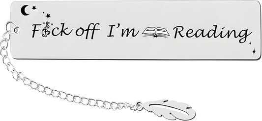 Metal Bookmark Gift, Engraved 'Fuck Off I'm Reading' Stainless Steel Leaf Pendant Book Mark, 1 Count, Silver