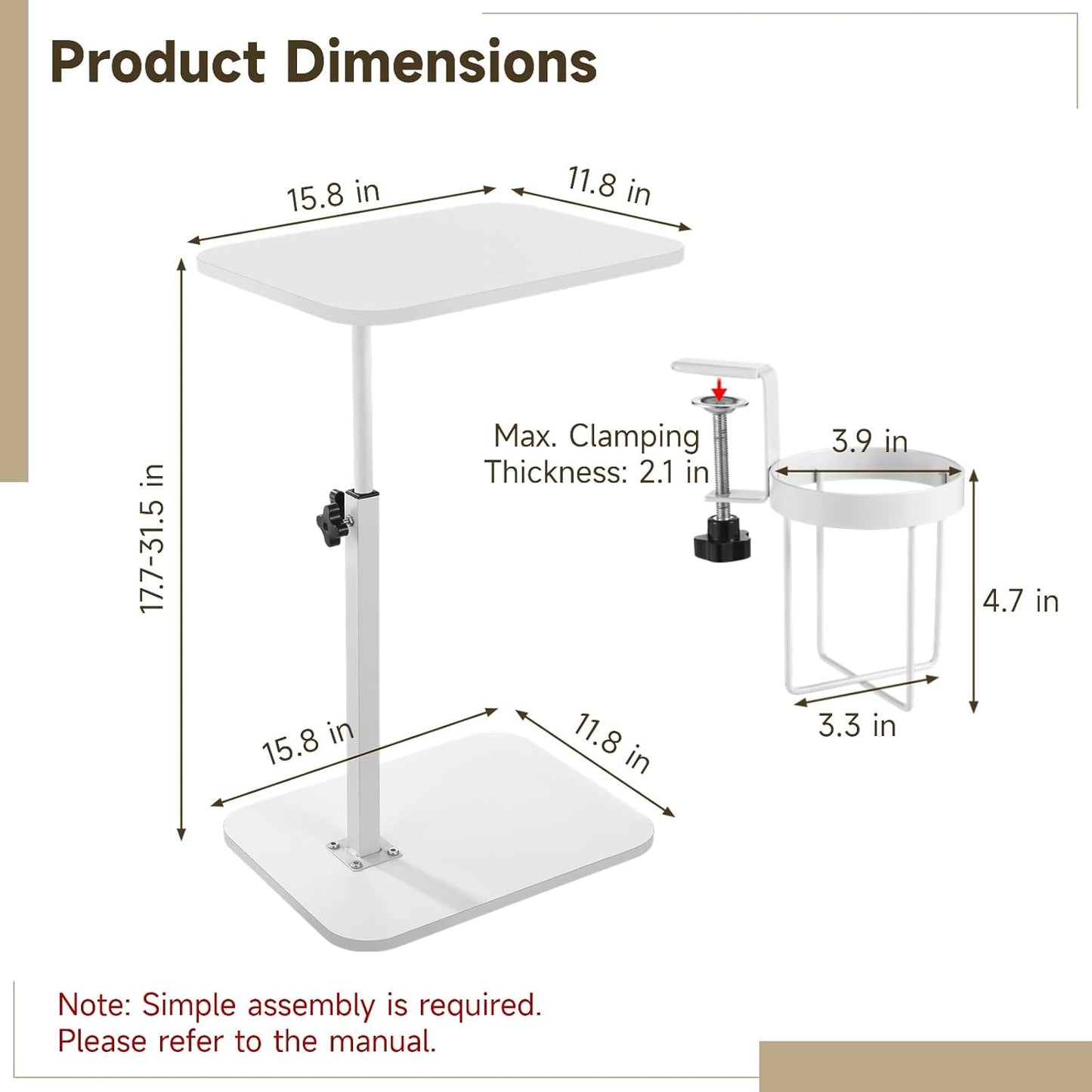 360° Swivel C Shaped Side Table with Cup Holder, Adjustable Height Sofa Tray Table for Couch or Bed, Sliding Under Sofa Snack & Laptop Side Table for Small Spaces, White End Table