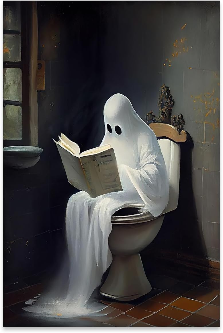 Vintage Cute Ghost on Toliet Reading Book Canvas Wall Art Gothic Victorian Aesthetic Posters Dark Academia Room Decor Fun Halloween Painting Horror Ghost Print in Bathroom 12x16in Unframed