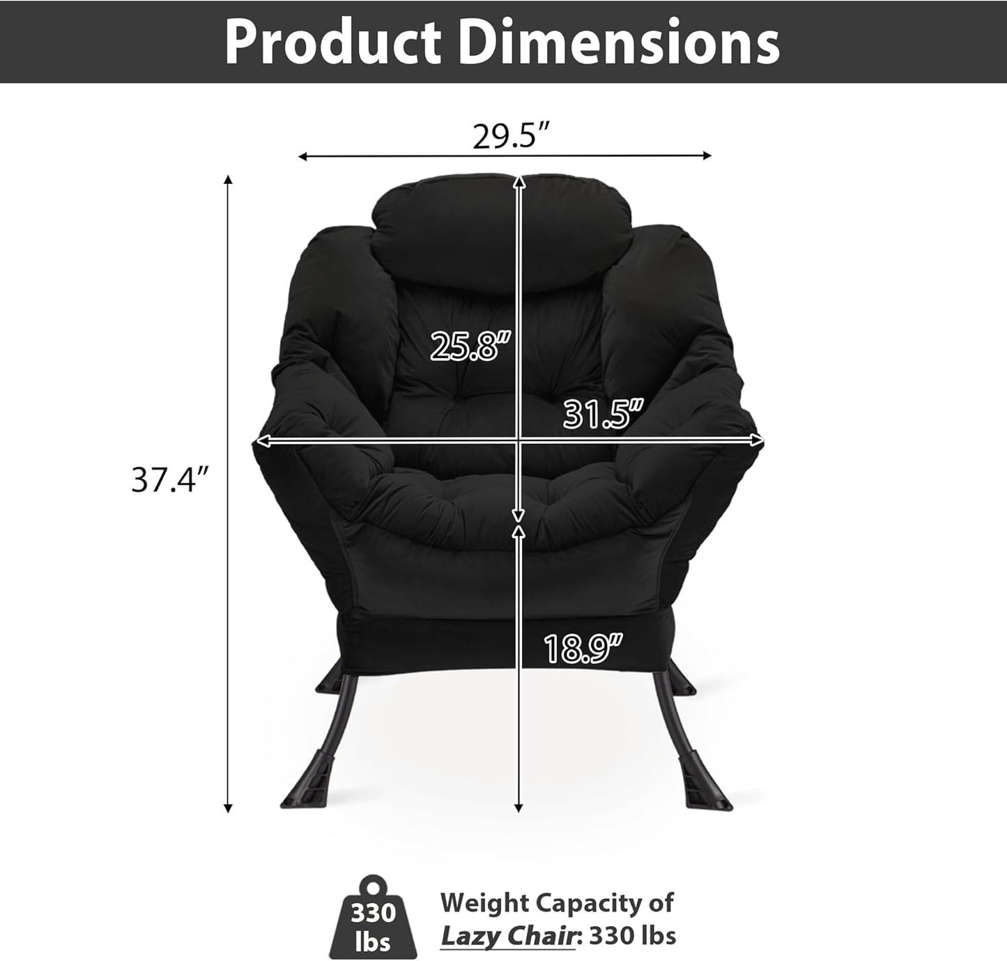 Lazy Chair Thick Padded, Comfy Velvet Accent Lounge Chair with Stable Frame, Leisure Sofa Armchair with Armrests and Side Pocket, Reading Chair for Bedroom, Living Room, Office, Black