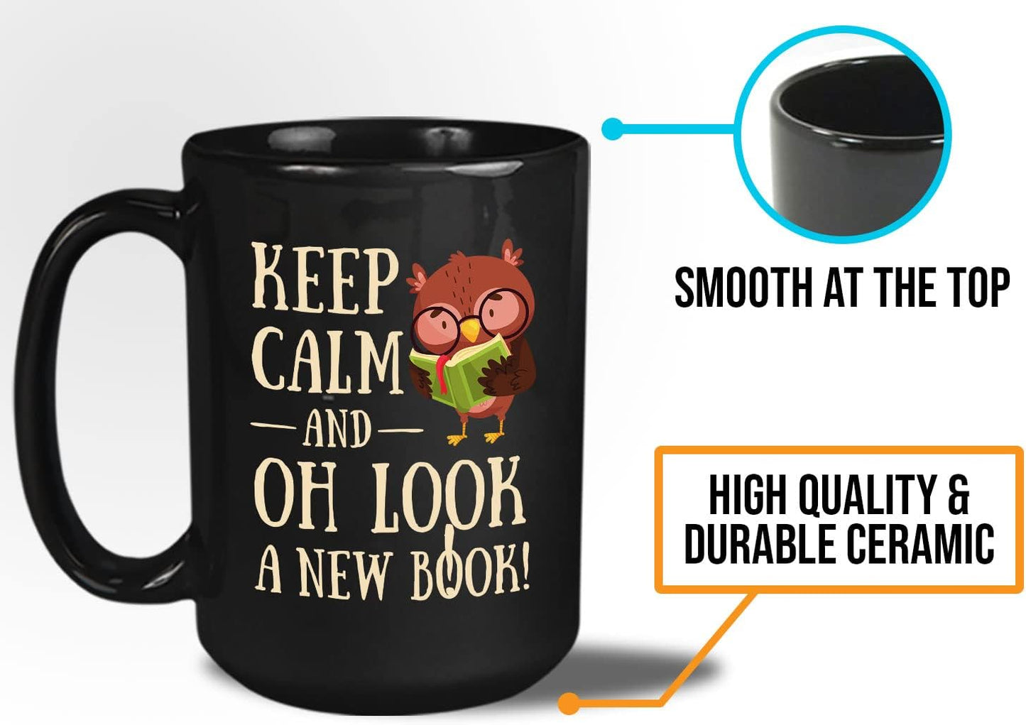 Bubble Hugs Book Lover Coffee Mug 15oz Black - Keep Calm and Oh New Book - Reading Owl Reader Stack of Books Lover Bookish Novelist Librarian Writer