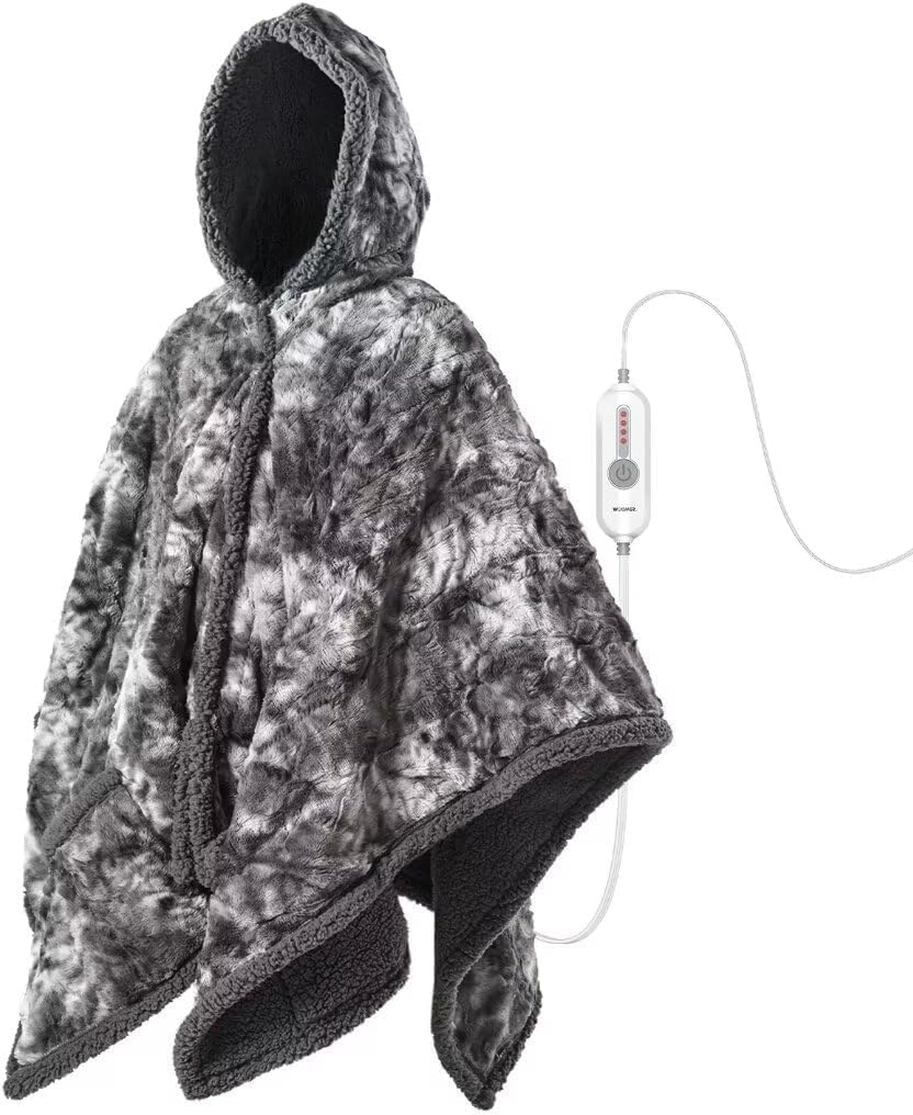 WOOMER Wearable Heated Electric Blanket 50”×60“, Soft Faux Fur & Cozy Sherpa Heated Wrap Poncho with Hood and Pocket, 4 Heat Levels & 4H Auto Off, Gifts for Parents and Friends