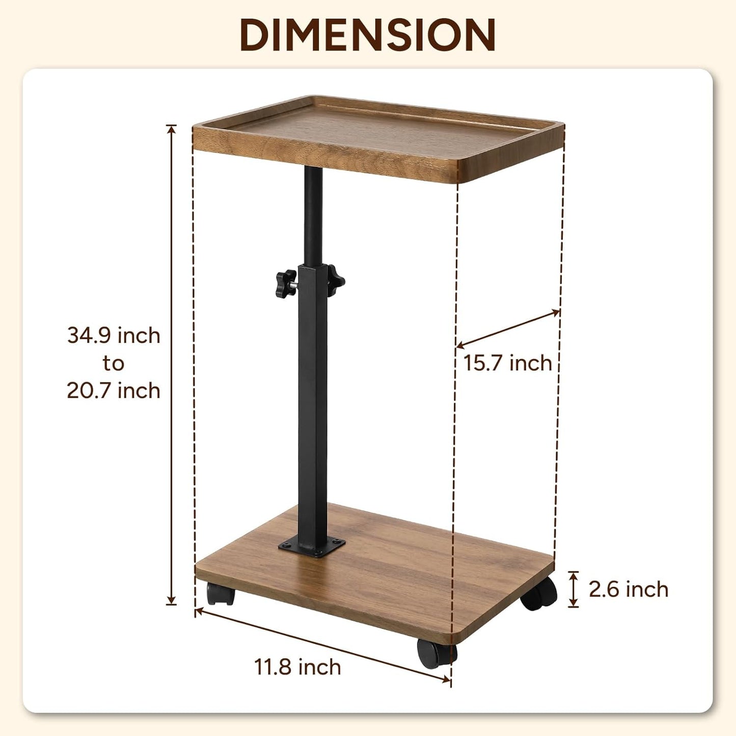 Adjustable C Table End Table, Side Table C Table with Wheels,360° Rotatable (20.7-34.9inches) Height Adjustable for Sofa/Bed/Bathtub, Walnut Wood & Black (15.7x11.8)