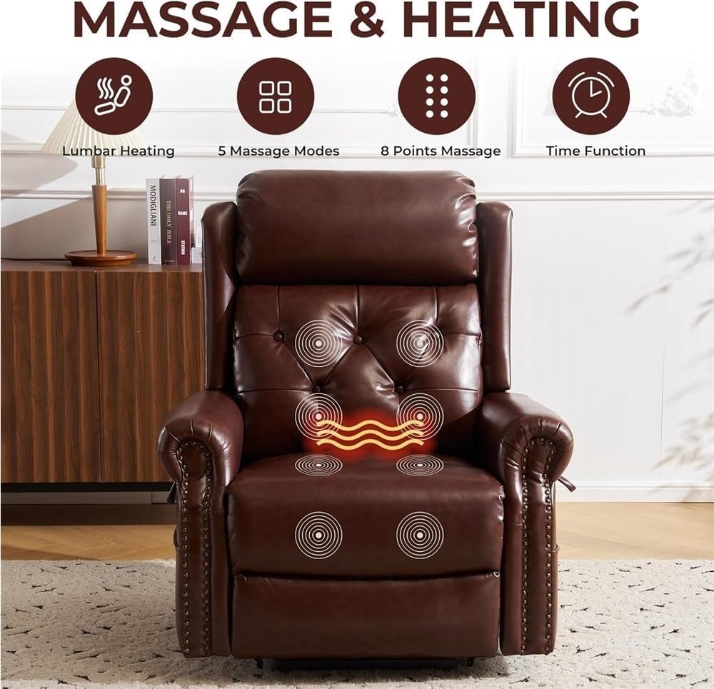 Brown Power Lift Recliner Chair for Elderly with Electric Massage Heat Adjustable Headrest and Lay Flat Reclining Seat Comfortable Upholstered Chair Remote Control Sofa