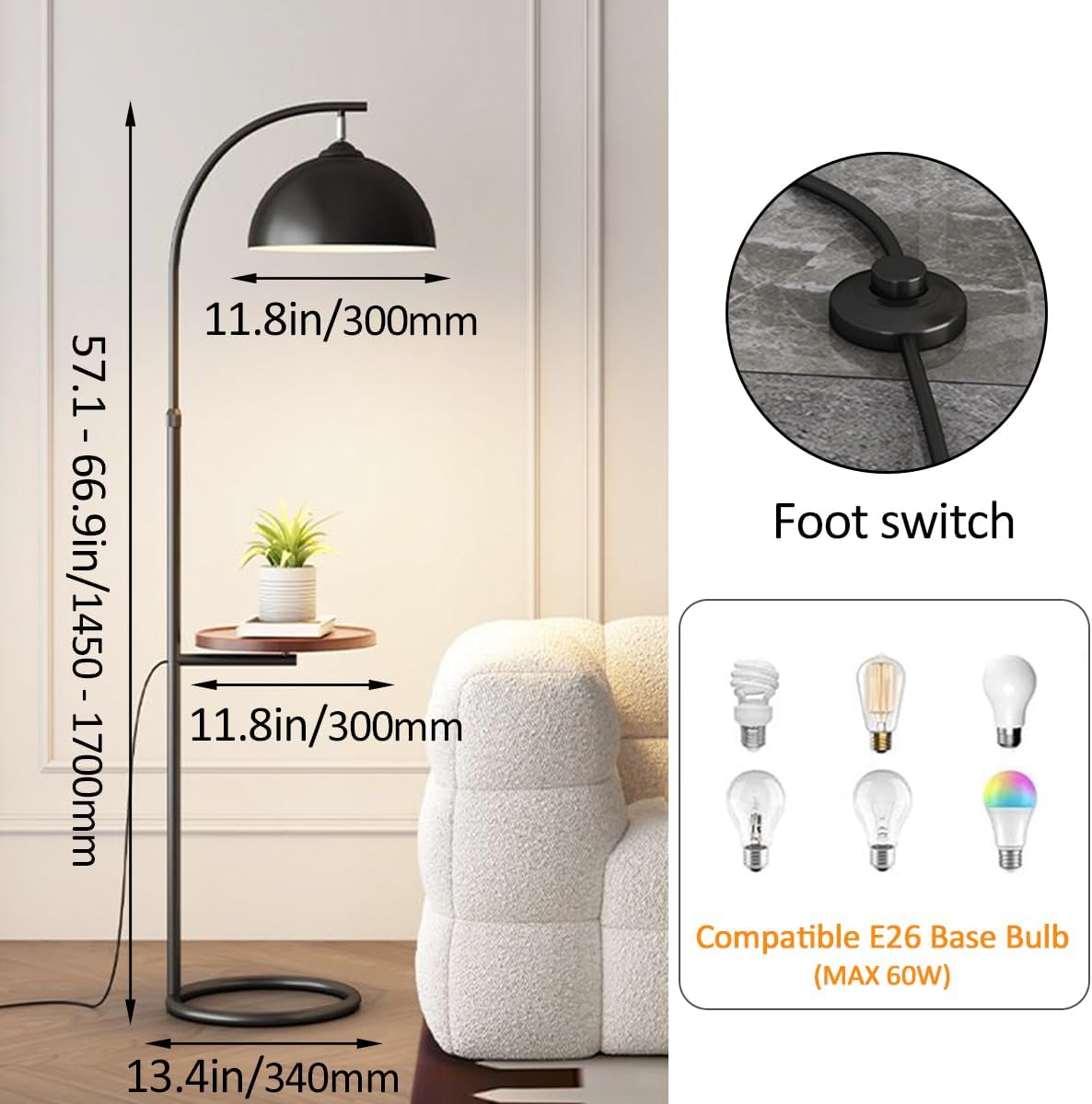 66.9" Arc Floor Lamp with Table Adjustable Height Floor Lamps Nordic Cream Style Tall Standing Light with Adjustable Lamp Head Corner Tall Lamp E27 Base for Living Room Kids Room