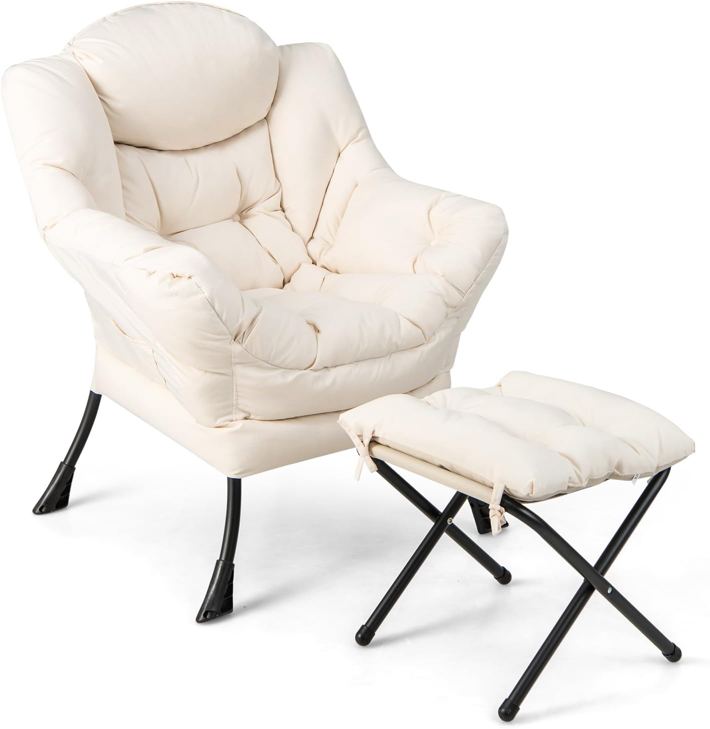 GOFLAME Lazy Chair with Ottoman, Modern Large Accent Chair with Folding Footrest, Head Pillow, Armrests and Side Storage Pocket, Upholstered Reading Chair for Living Room, Bedroom, Office, Beige