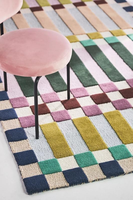 Hand-Tufted Wool Plaid Checkered Area Rug – Modern Geometric Color Block Pattern, Soft Plush Carpet with Cotton Backing for Living Room Bedroom Dining Room Nursery (Blue, 3' x 5')