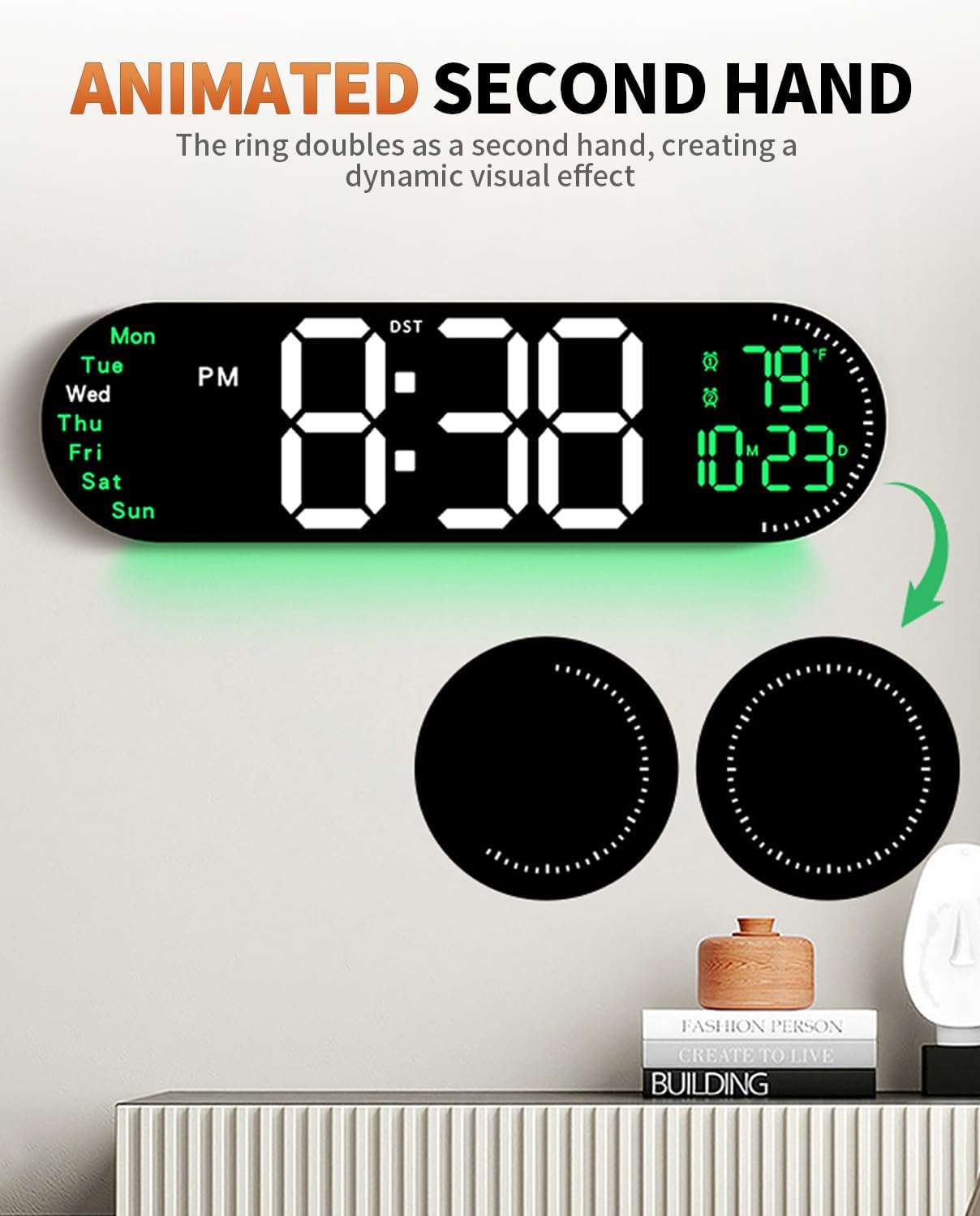 17.2 Inch Large Digital Wall Clock with 9 Color Changing Remote Control, Date Week Temperature, Auto Brightness Dimmer Big Clock Night Lights,Green