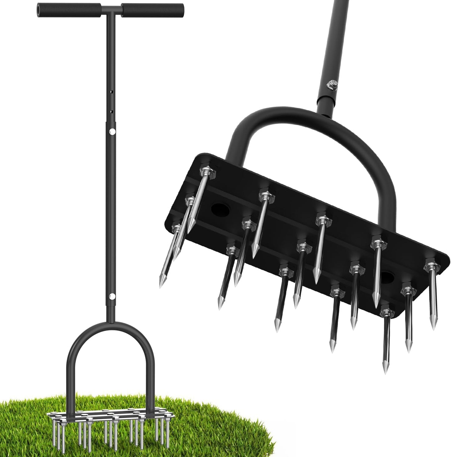 Aerator Lawn Tool Lawn Aerator -Heavy Duty Manual Grass Aerator with 15 Iron Spikes, Height Adjustable, Yard Aerator Tool for Lawn（Black）