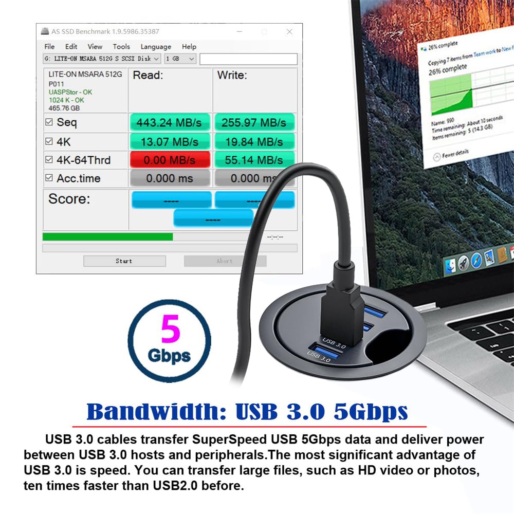 Cablecc 4 Ports USB 3.0 Hub USB Splitter 60mm Desk Grommet Dock Station Interface for Desktop PC Desk