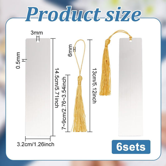 FINGERINSPIRE 6 Set Metal Blank Bookmark with Hole Stainless Steel Rectangle Bookmark with Gold Tassel DIY Blank Bookmarks Book Marks Page Markers for Student Teacher Book Lover DIY Project Gift