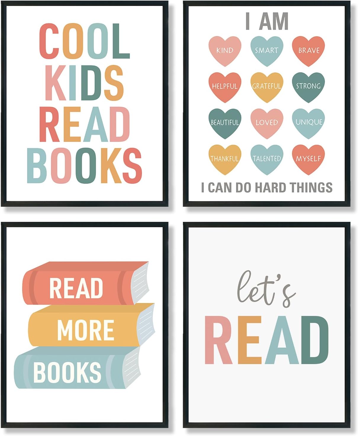 ULEGIE Cool Kids Read Book Wall Art Decor, Reading Corner Decor for Classroom, Let's Read Sign Wall Art Prints for Posters Kids Reading Nook Classroom Nursery Decor, Set of 4 8x10 Inch Unframed