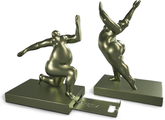 Decorative Bookends Set of 2 – Modern Sculptural Art Book Ends with Adjustable Magnetic Phone & Tablet Holder – Premium Resin with Metal Plate – Contemporary Home & Office Decor – Metallic Sage