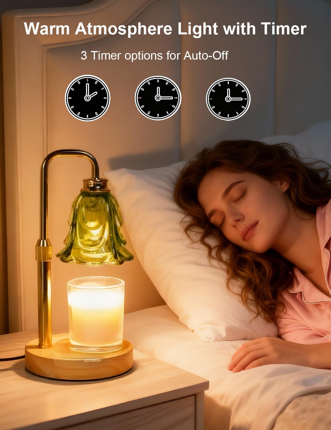 Candle Warmer Lamp with Timer, Green Flower Glass Candle Lamp Warmer, 5-Level Dimmable Lamp Candle Warmer Candle Wax Warmer Lamp, Adjustable Height Wax Melt Lamp Candle Burner Lamp