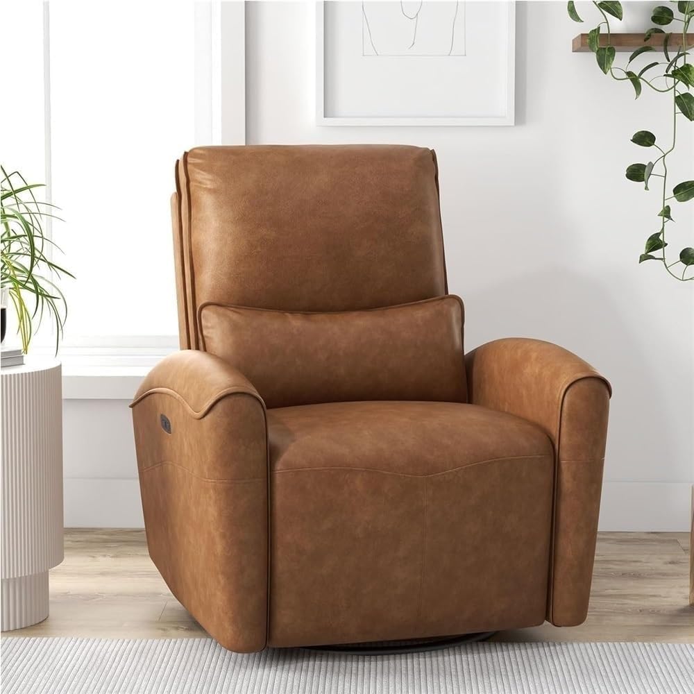 Brown Oversized Electric Swivel Rocker Recliner Chair for Adults with Lumbar Support, Comfortable Upholstered Glider, Power Reclining Lounge Sofa for Living Room