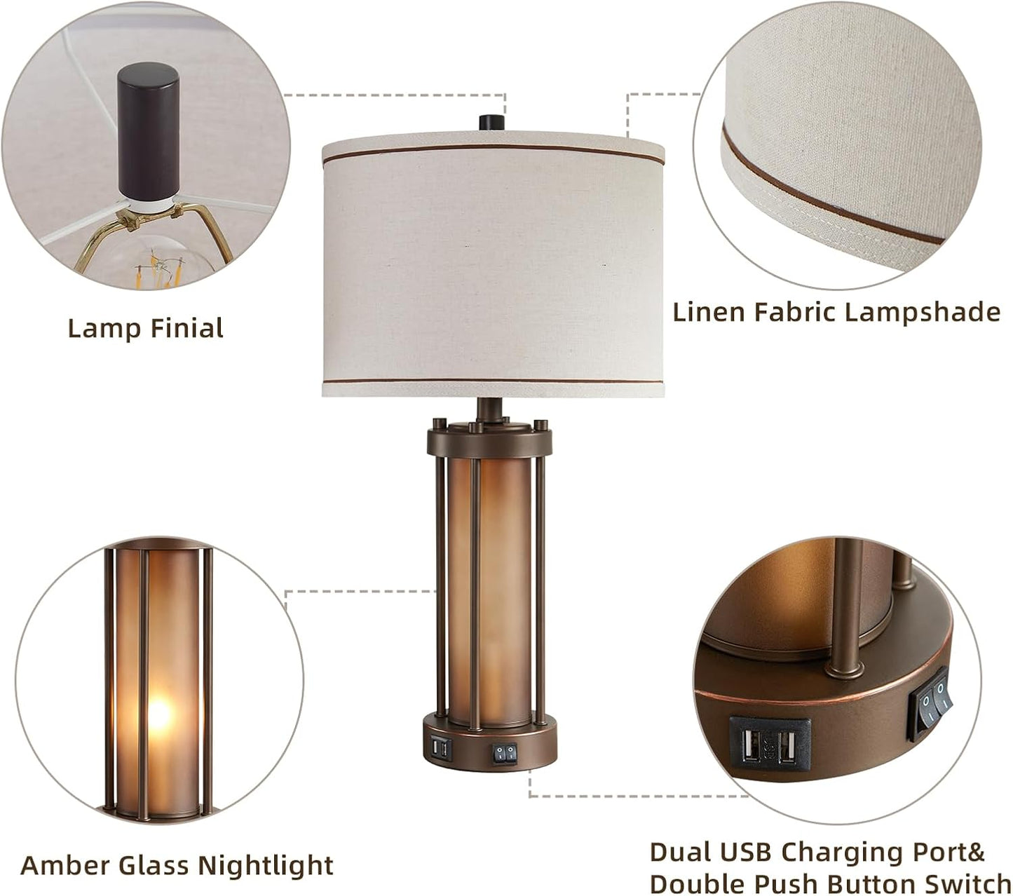 RORIA Farmhouse Table Lamps for Living Room with 2 USB Charging Ports, Vintage Rustic Nightstand Lamp with Amber Glass Nightlight, Retro Desk Lamp for Bedroom Entryway, 2 Bulbs Included