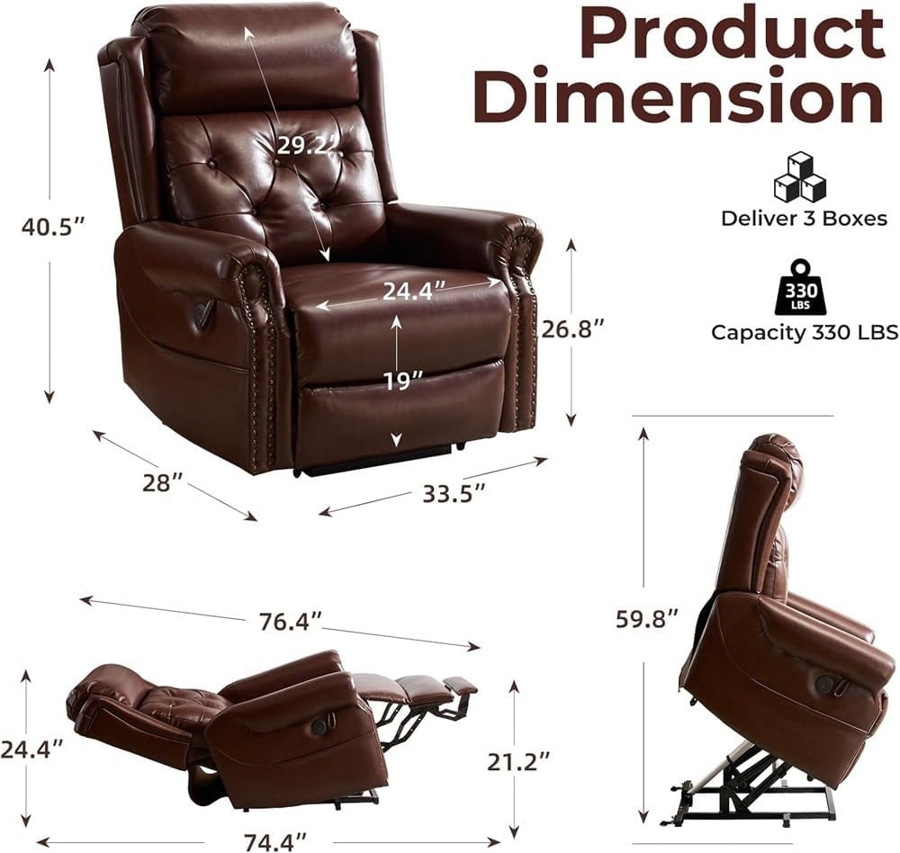 Brown Power Lift Recliner Chair for Elderly with Electric Massage Heat Adjustable Headrest and Lay Flat Reclining Seat Comfortable Upholstered Chair Remote Control Sofa