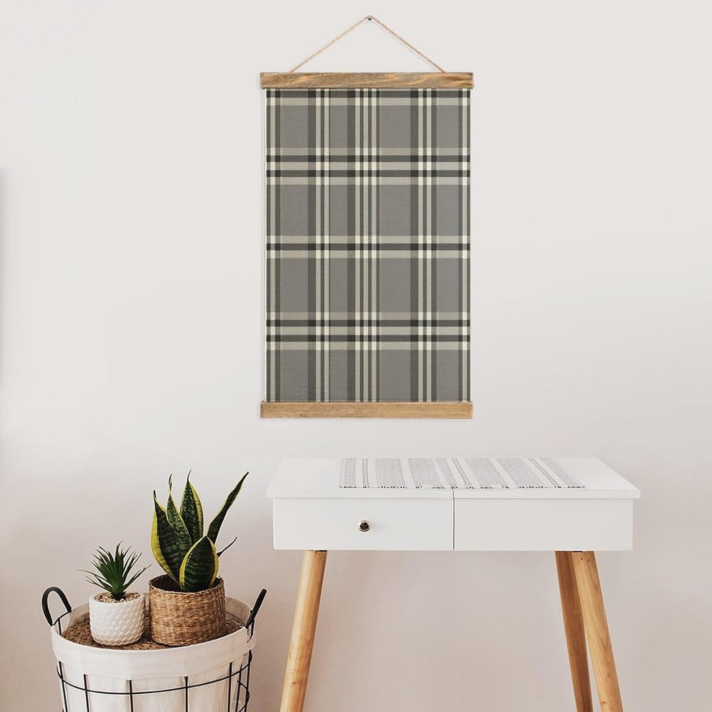 Vintage Gray Plaid Lines Poster with Wooden Frame Personalized Linen Hanging Scroll Painting Rustic Wall Hanging Illustrative Modern Artwork Decor for Home Living Room Bedroom Office