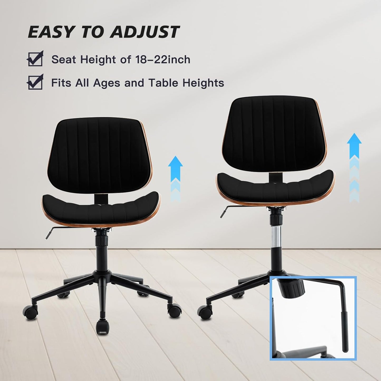 Armless Desk Chair with 360°Swivel Wheels, Ergonomic Adjustable Height Computer Chair for Home Office,PU Leather with Modern Walnut Drafting Chairs for Office, Reading Nook(Black)
