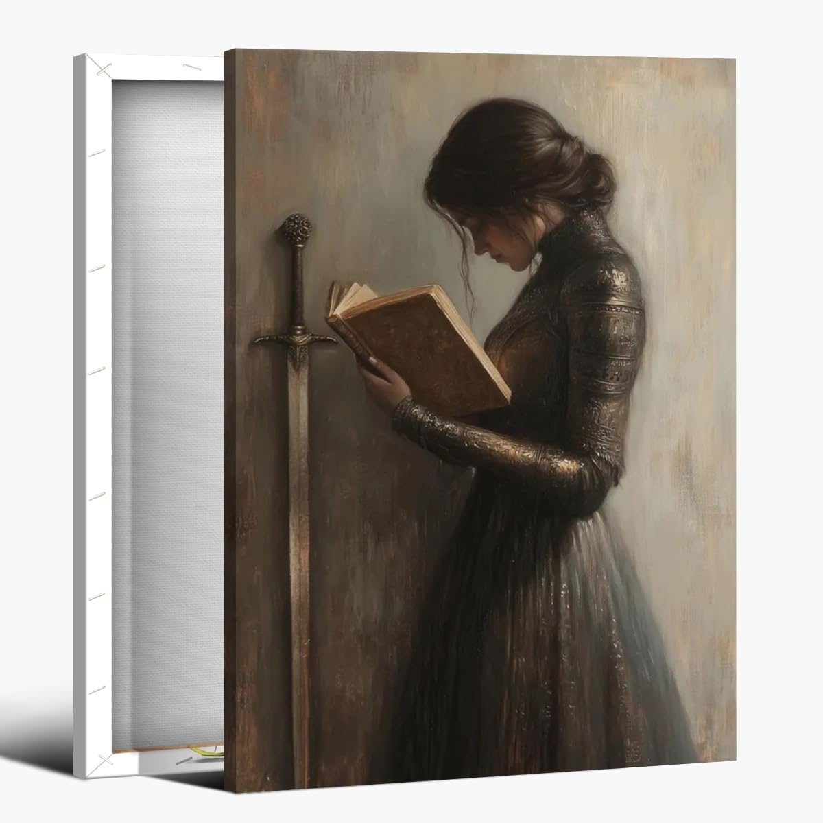 Vintage Victorian Woman Knight Reading a Book Wall Art Print Library reading posters Dark Academia Aesthetic Room Decor Unique Neutral Victorian book wall art bookish decor Framed12x16inch