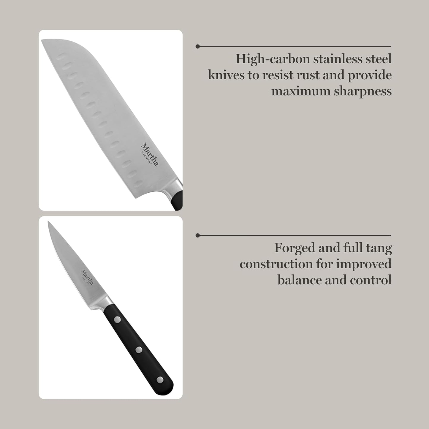 Martha Stewart Eastwalk 14 Piece High Carbon Stainless Steel Cutlery Knife Block Set w/ABS Triple Riveted Forged Handle Acacia Wood Block - Matte Black