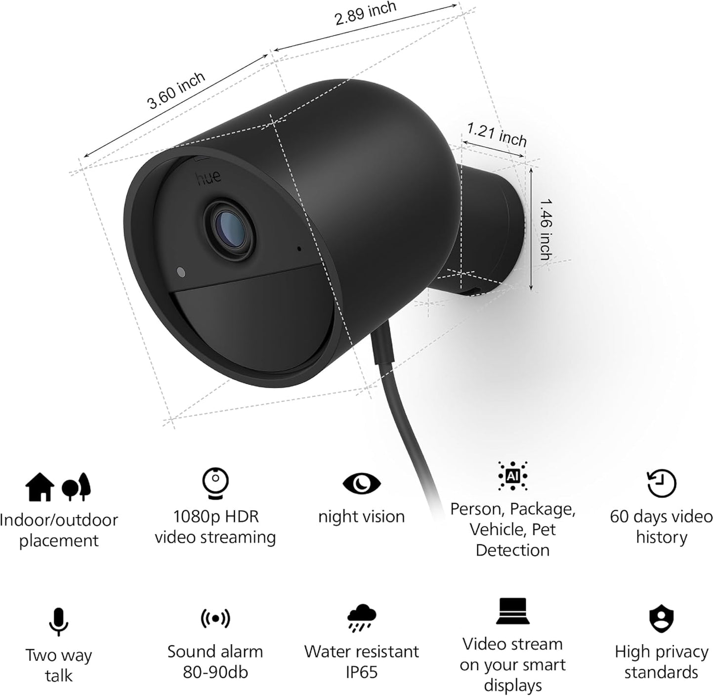 PHILIPS Hue Secure Wired Smart Home Security Camera, Black, 1 Pack, 1080P HD, Night Vision Camera, Motion Detection Home Security System, Two-Way Talk, Indoor/Outdoor, Weatherproof, Works with Hue App