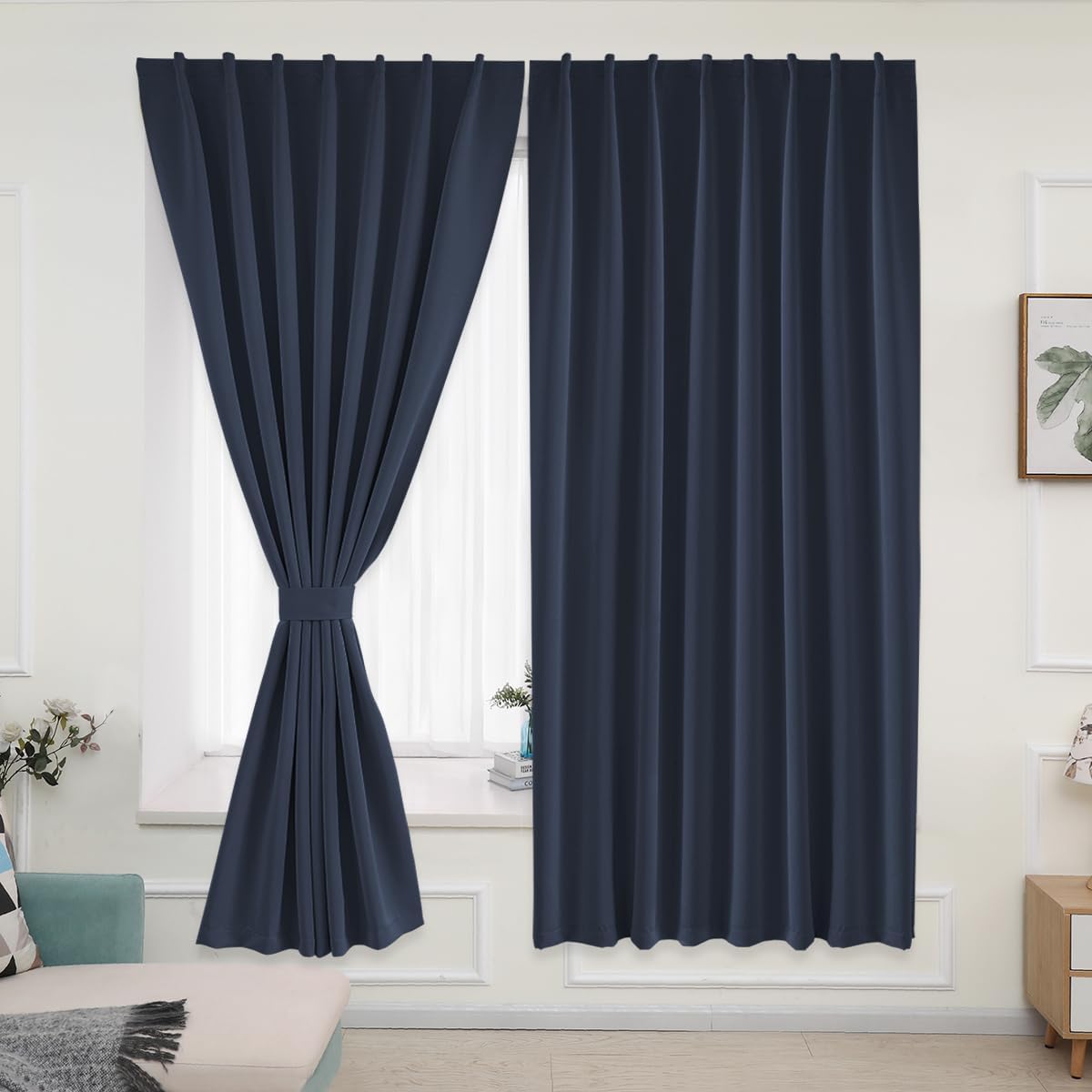 Muamar No Drill Blackout Curtain, Easy Install Window Curtain Panels, Portable Bedroom Curtains 2 Panel Sets, Light Blocking Shades for Window (Navy Blue, 42" W x 84" L)