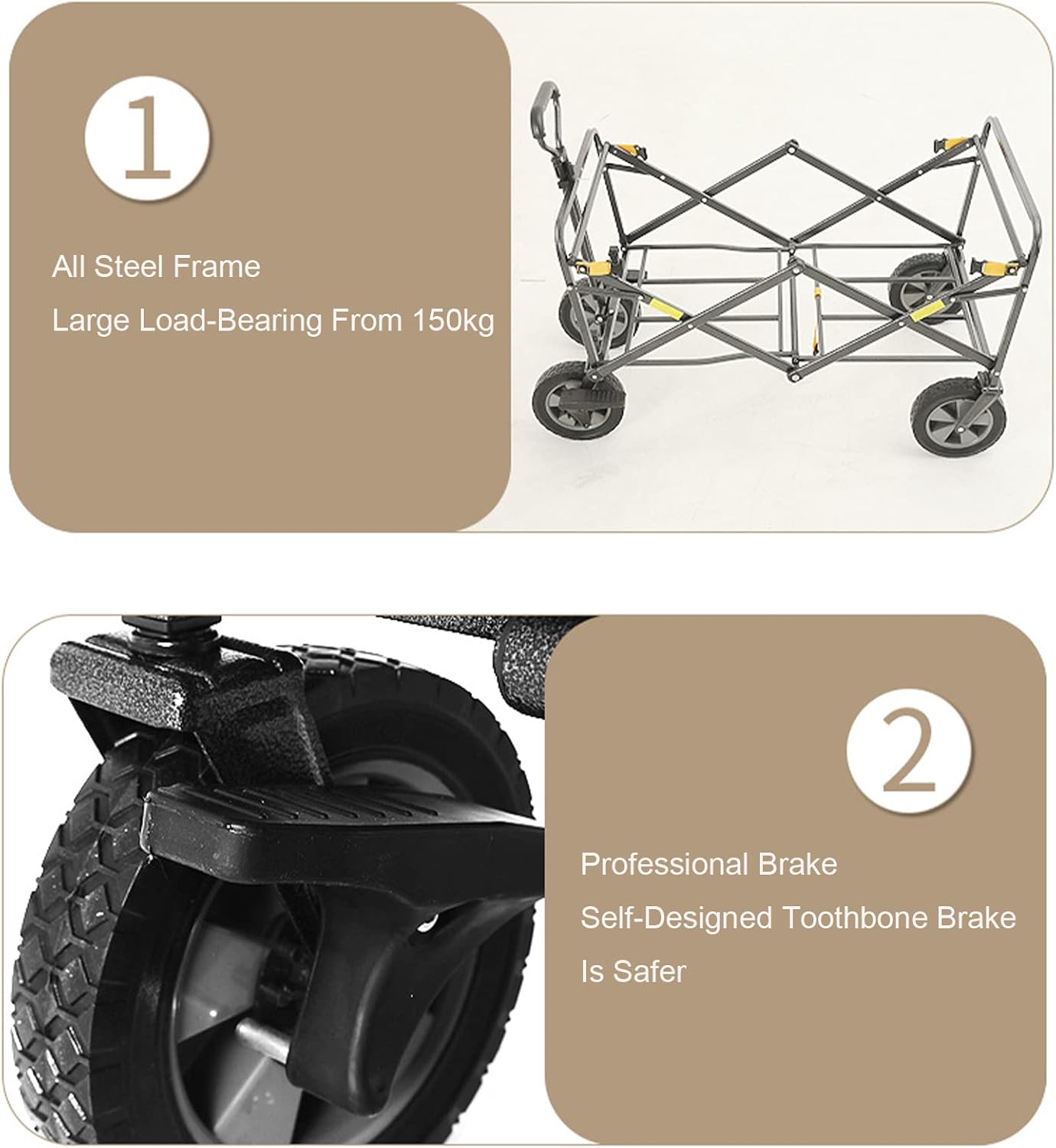 Foldable Outdoor Cart Rubber Wheels Heavy Duty Utility Wagon Camping Picnic Garden Grocery Trolley with Removable Fabric and Brake