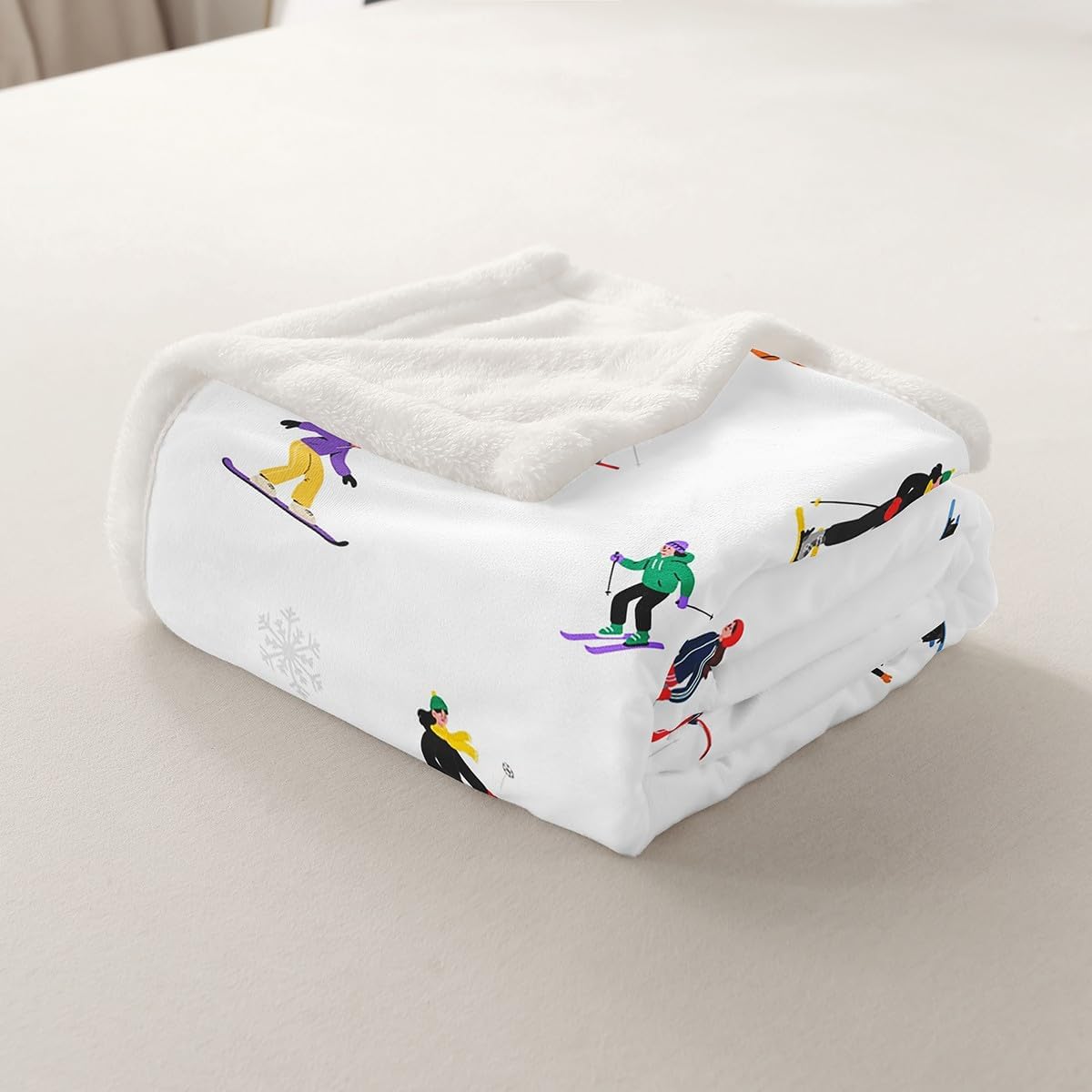 Winter Ski Sports Throw Blanket,Cartoon Skiing Skier Blankets,Snow Extreme Sports Fleece Blanket for Kids Boys Girls Teens Bedroom Decor,Colorful White Sherpa Blanket,for Chair/Sofa,50"×60"