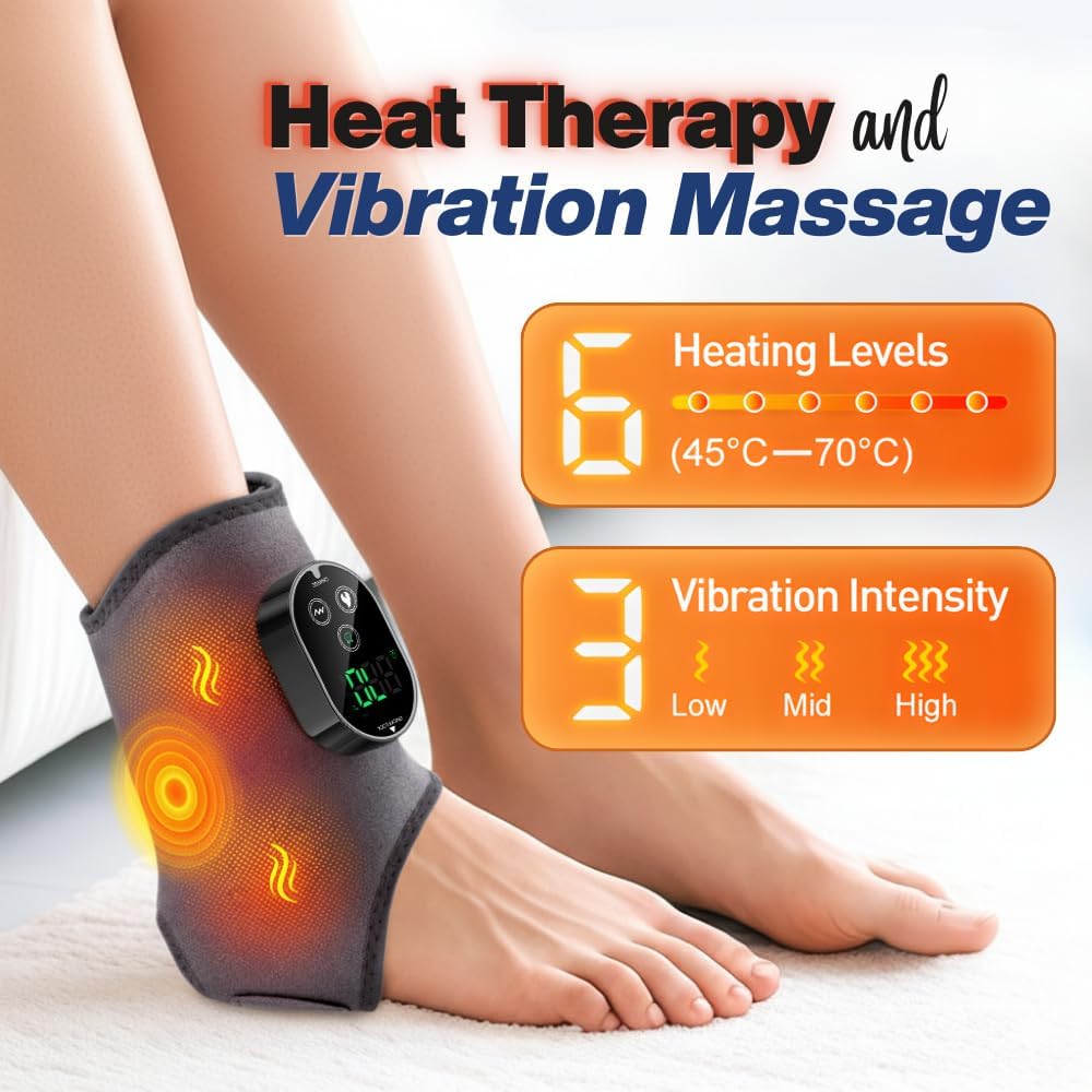 Foot and Ankle Massager for Pain Relief, Rechargeable Cordless Ankle Heating Pad Foot Massager with 6 Heating Levels, 3 Massage Modes & Timer