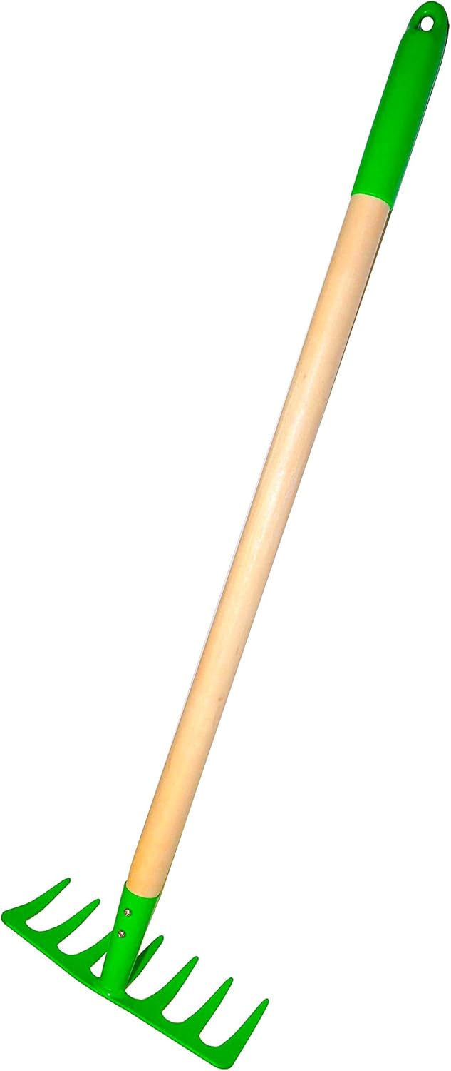 JustForKids Kids Garden Tool Set Toy, Rake, Spade, Hoe and Leaf Rake, reduced size , made of sturdy steel heads and real wood handle, 4-Piece, Multicolored, 5yr+
