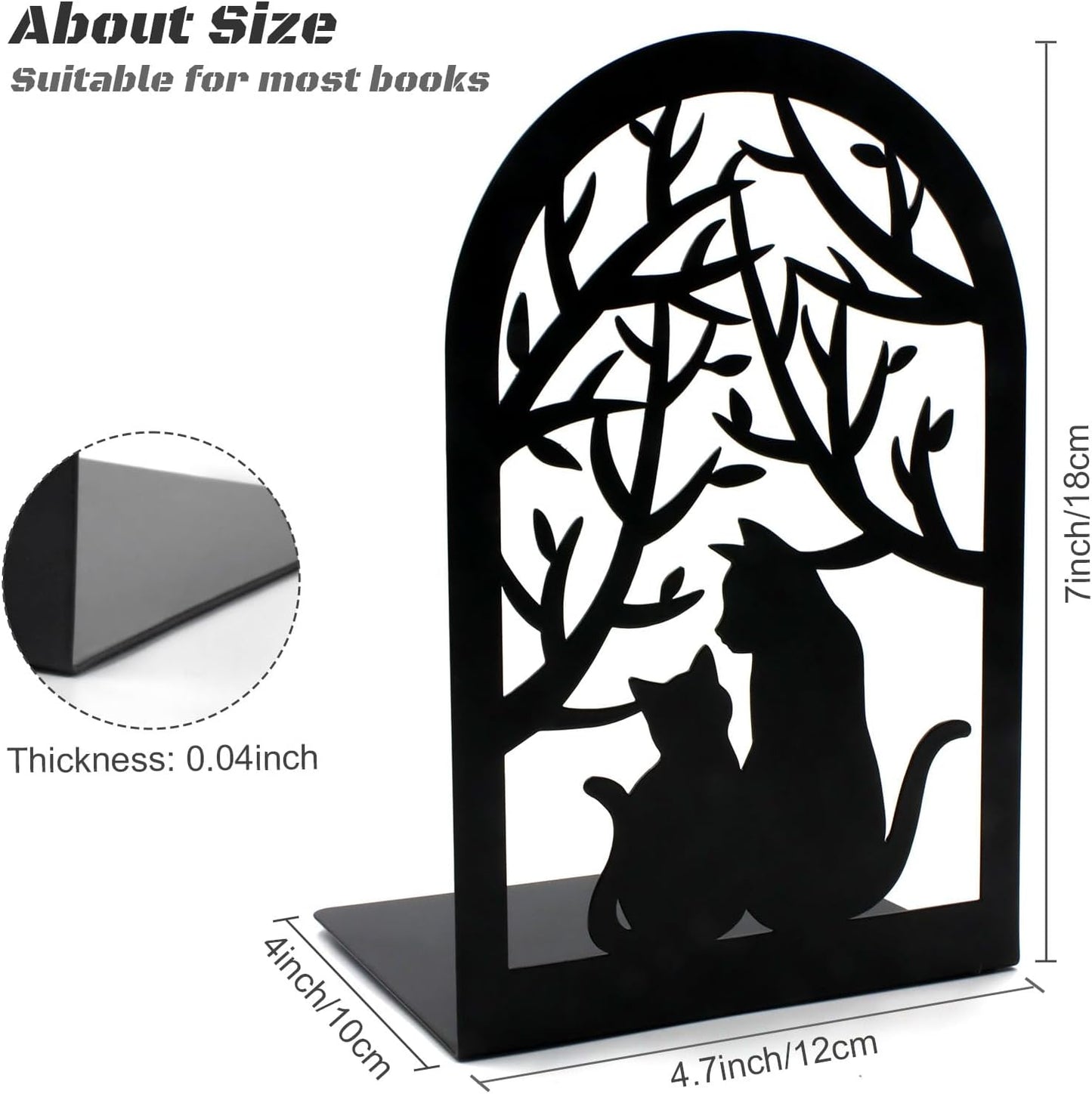 Book Ends, Bookends, Metal Bookend, Cat Decorative Bookends, Bookends for Shelves, Home Decorative Bookends for Heavy Books, Black Non-Skid Book Stopper, 7 x 4.7 x 4 inch (2 Pair)