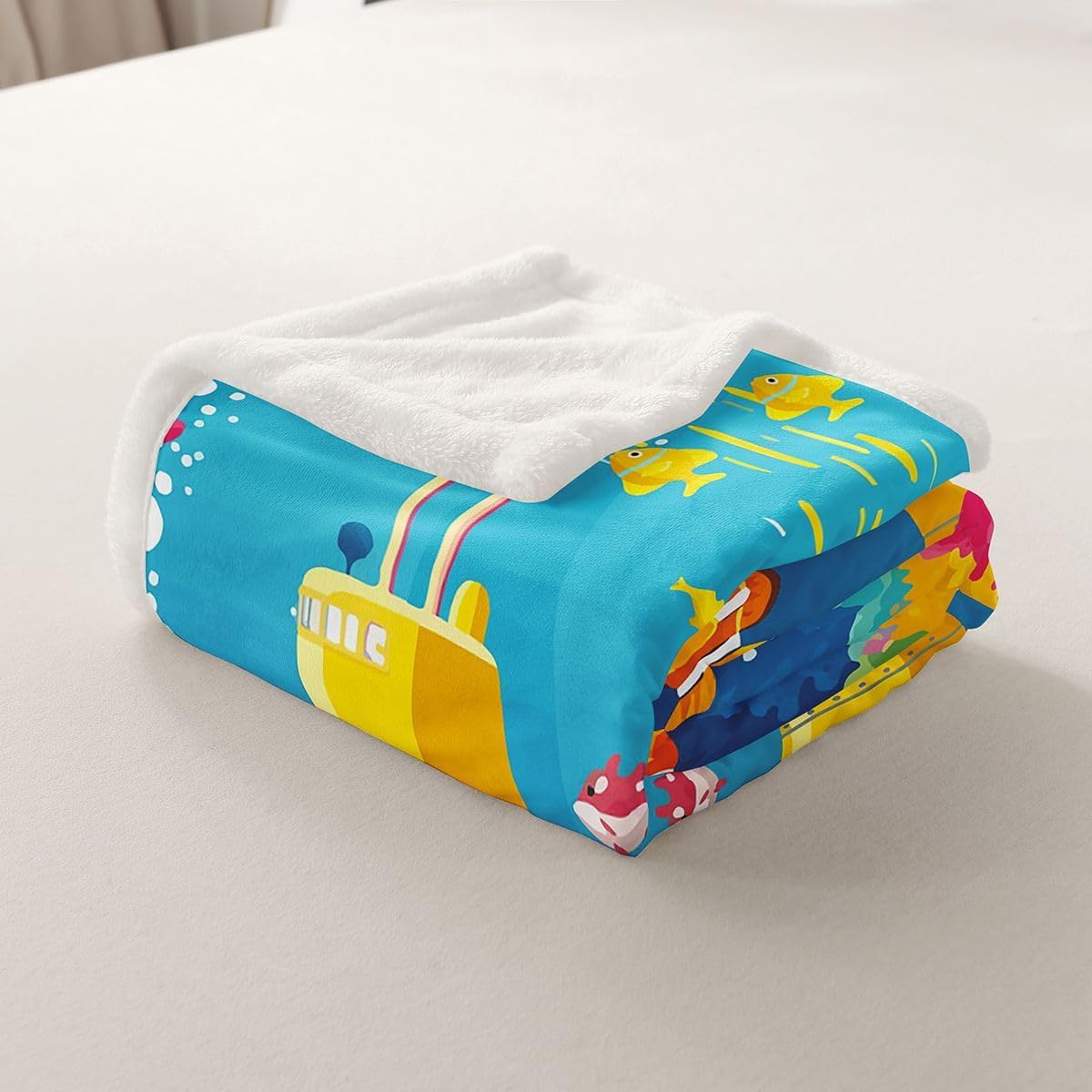 Feelyou Submarine Sherpa Blanket Cartoon Yellow Submarine Fleece Throw Blanket for Kids Boys Girls Underwater World Decor Cute Sealife for Sofa Bed Couch,Throw 50x60 Inches