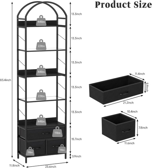 Tall Narrow Bookshelf with 3 Drawers, Arched Bookcase with 4 Legs, 84 inches 5 Tier Skinny Book Shelves with LED Lignts for Living Room, Office, Black