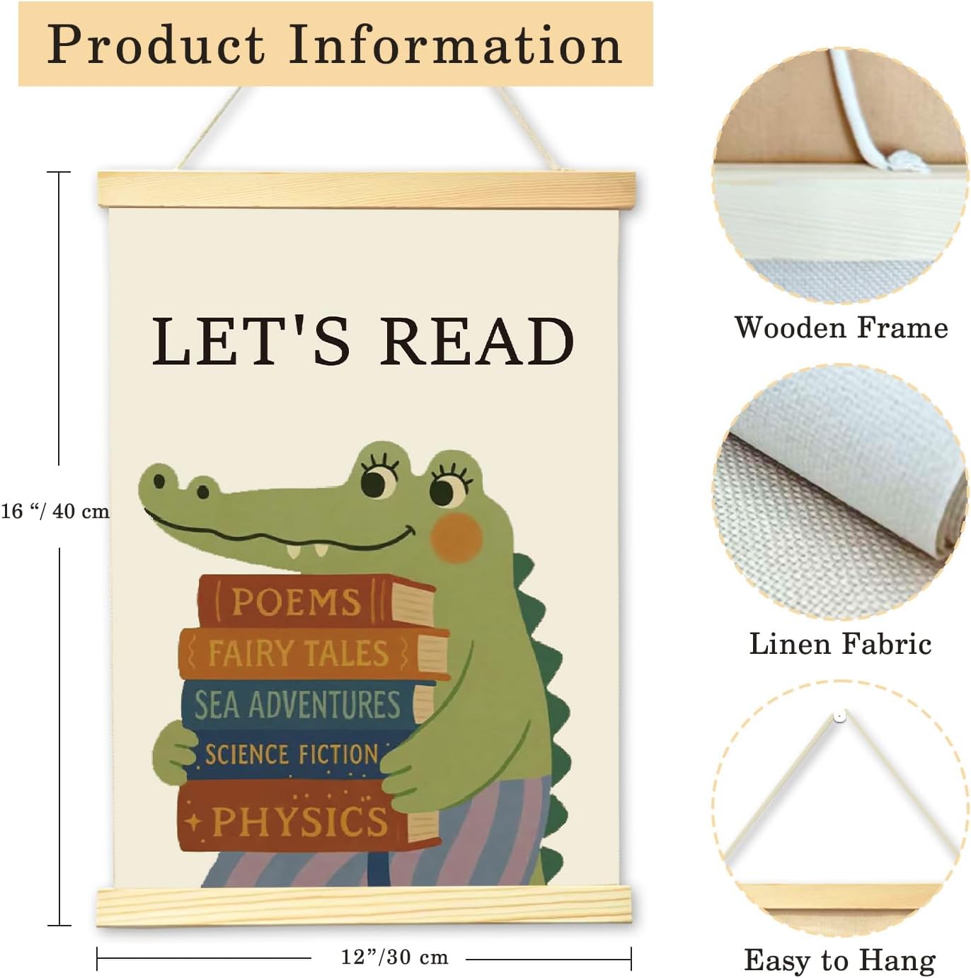 HONPHAX Cute Crocodile Nursery Educational Wall Art Poster Hanger Frame, Let's Read Wall Decor Kids Room Bedroom Playroom Decor Canvas Posters -014