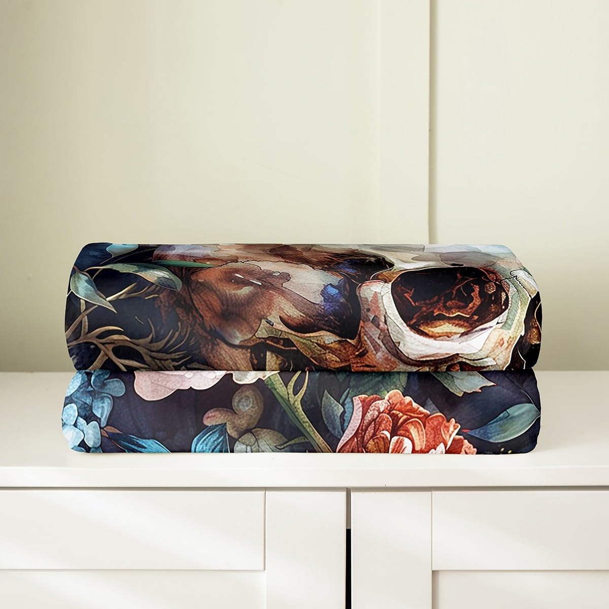 Erosebridal Rose Butterfly Skull Flannel Blanket Throw 50x60 Inch Pansy Hydrangea Leaves Fleece Blanket Flowers Oil Painting Fuzzy Plush Throw Horror Theme Living Room Decor