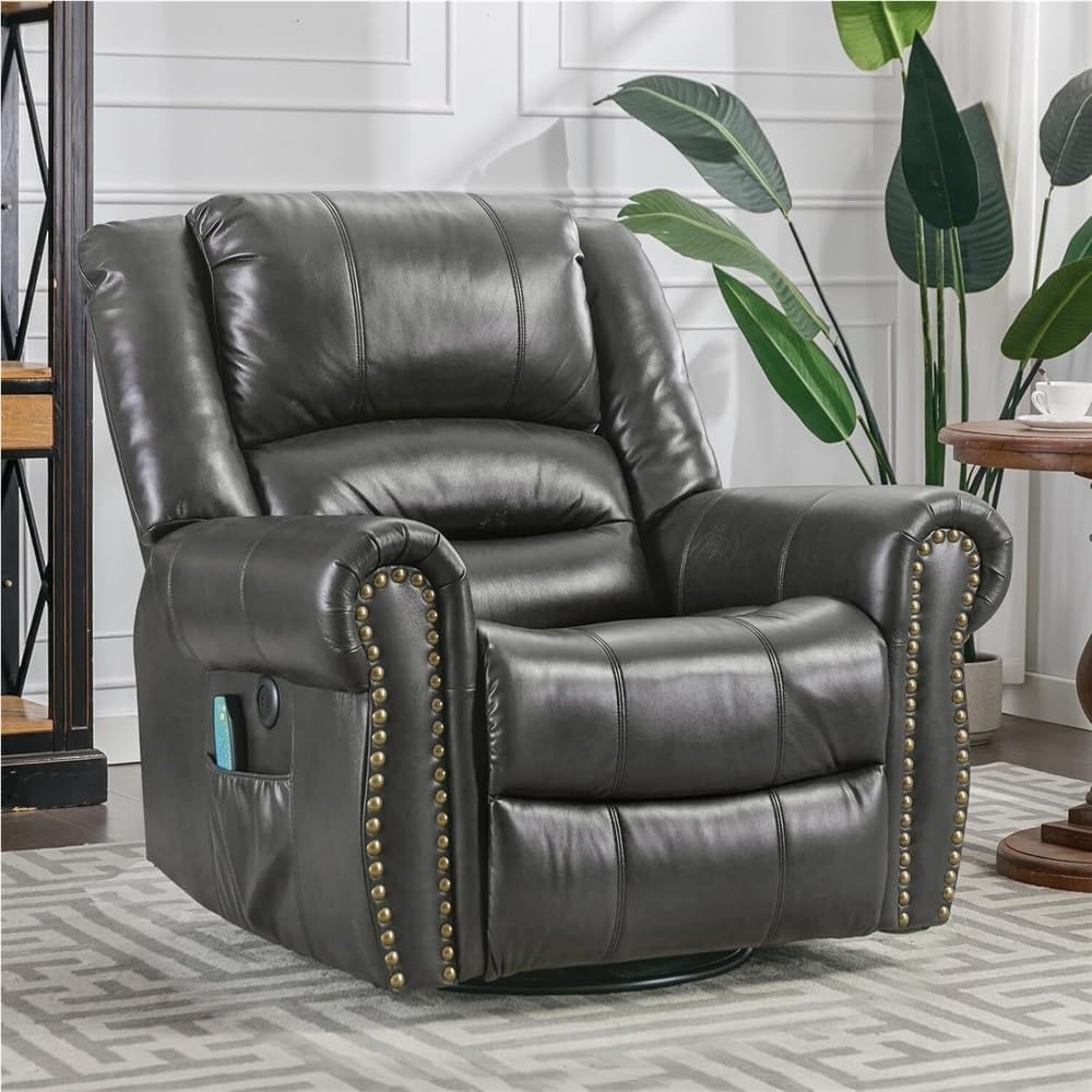 Swivel Glider Rocker Recliner with Heat & Vibration Massage, Modern Manual Rocking Reclining Armchair with USB Port & Side Pockets – Comfortable Recliner for Living Room