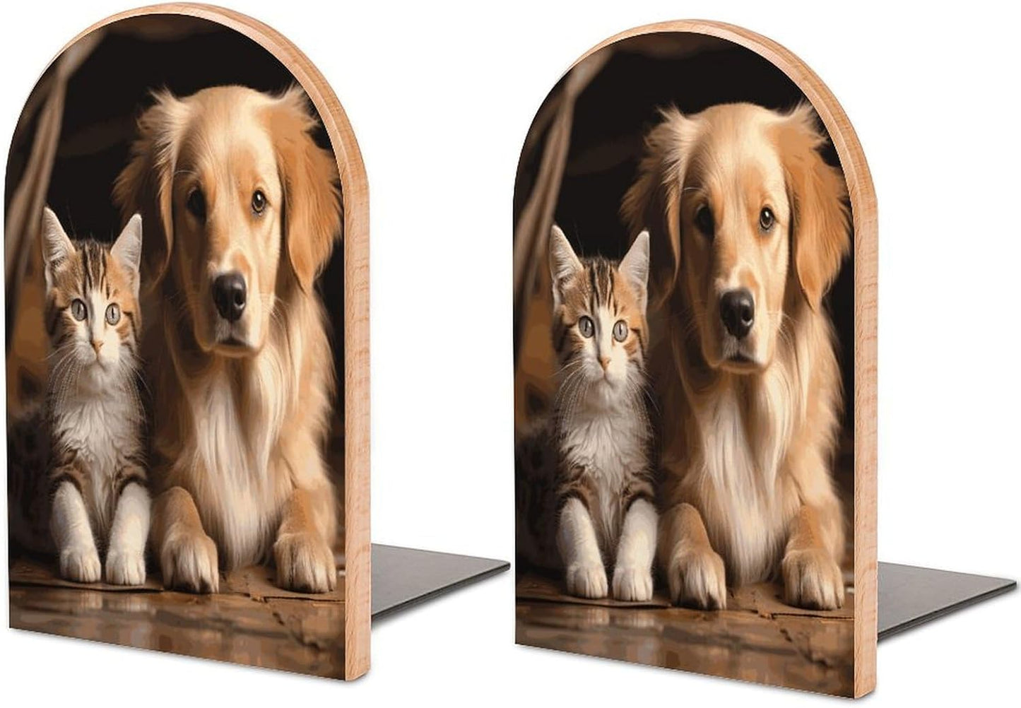 Dog and Cat Bookends 1 Pair Heavy Duty Book Ends for Shelves Non-Skid Bookend Supports Wooden Book Holders with Metal Base Desk Organizers Books Storage to Hold Books