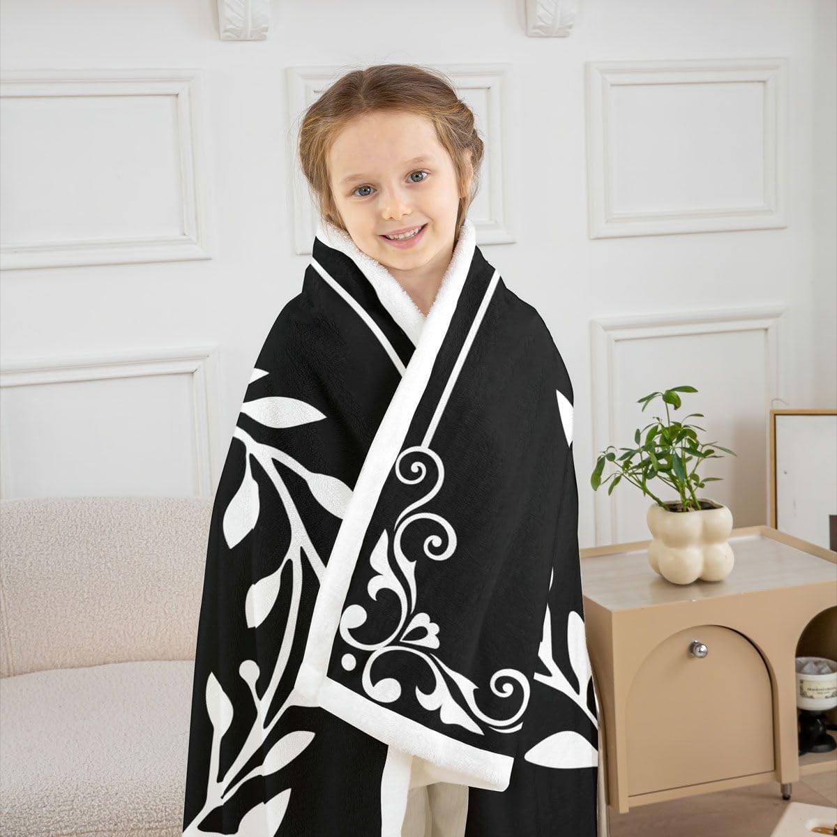Erosebridal Initial Letter Z Baby Size Sherpa Blanket Black White Fuzzy Plush Throw Personalized Gifts for Women Men Frends Boho Floral Leaves Fleece Blanket Minimalist Branches Decor for Sofa Couch