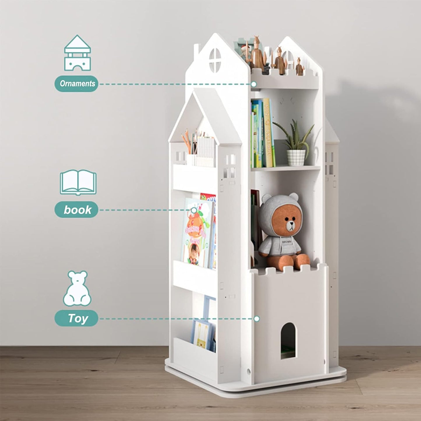 Revolving Bookcase,360° Children Bookshelf,Multi-Functional Floor Standing Book Storage Rack Organizer for Kids Room Bedroom-White 45x45x108cm(18x18x43inch) 68ps5-001