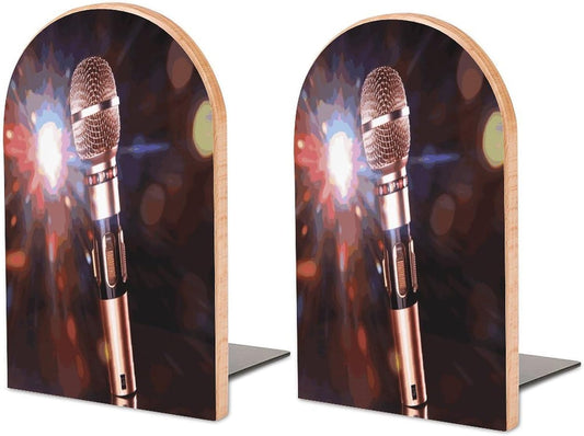 Non-Slip Bookend for Shelves Karaoke Microphone Wooden Bookends with Metal Base Decorative Book Stopper for Home Heavy Duty Wood Book Storage for Books/CDs