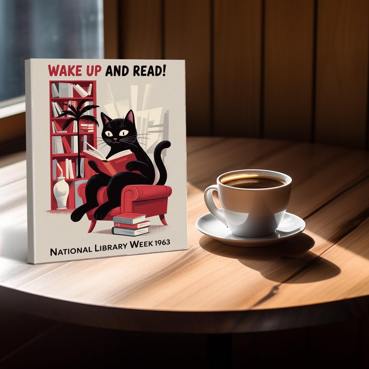 Funny Cat Reading Canvas Wall Art Print Cute Cat National Library Week Picture Poster Wall Decor for Library Home Reading Room 8x10 Framed, Book Lover Gifts
