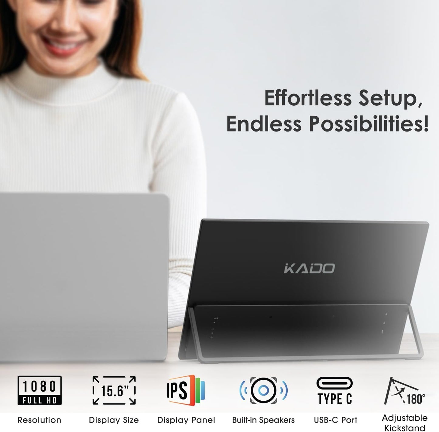 Kado Portable Monitor 15.6-inch FHD 1080p, 45W Reverse Charging Ultra-Slim Laptop Monitor 1920x1080 with Built-in Speakers, IPS Display 180° Kickstand for PC, Mac, Phone, Xbox, PS5, USB-C & Mini HDMI