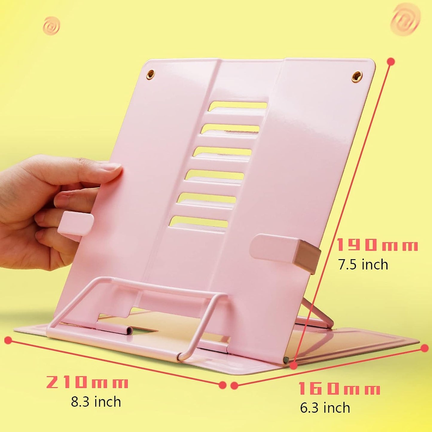 Book Stand Book Stand Metal Reading Stand Book Holder Adjustable Height for Desk Foldable Cookbook Textbook Tablet Portable 8.3 x 7.5 inch (Color : Mug) (Pink)