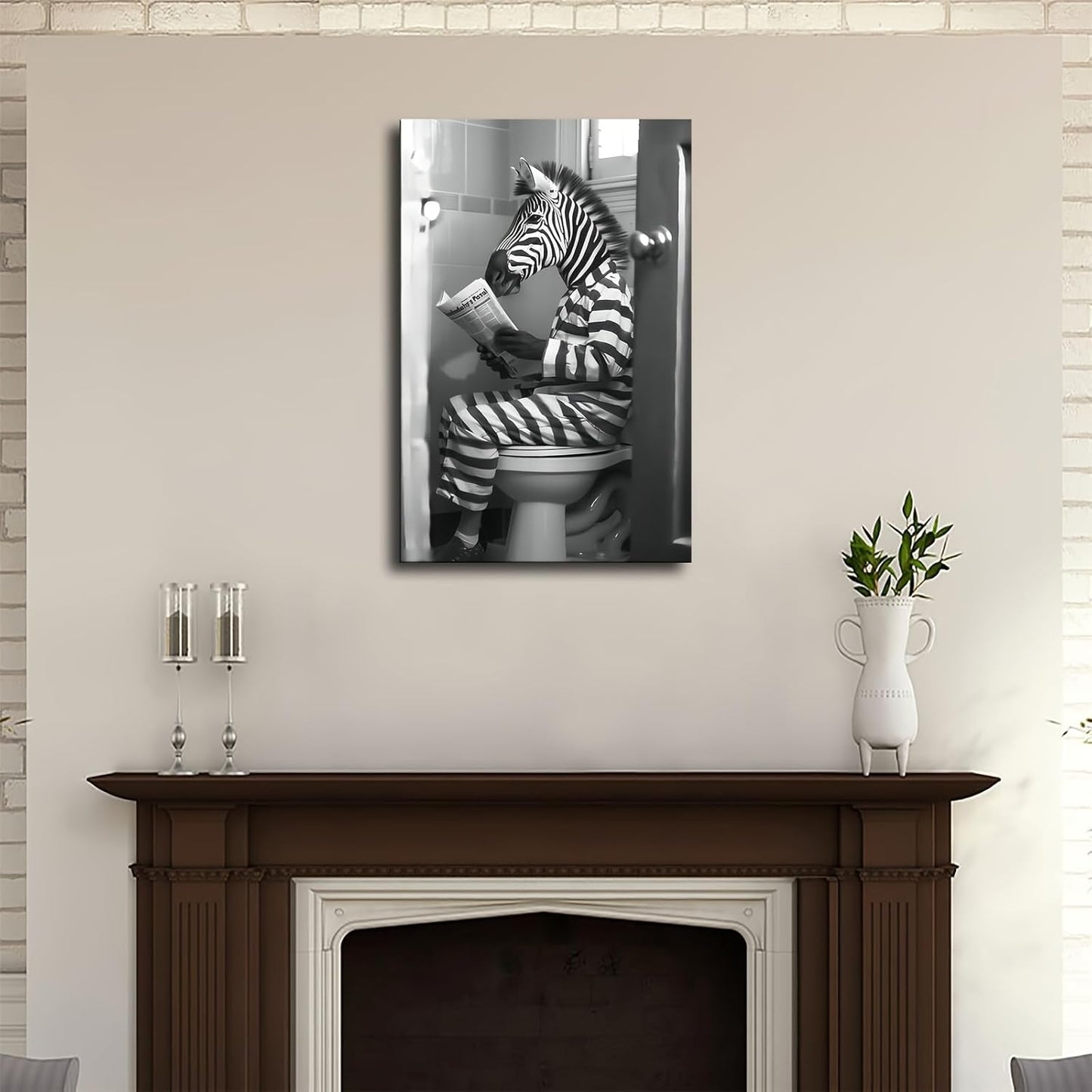 Black And White Wall Art Zebra Reading Newspaper In The Toilet Comical Canvas Wall Prints poster Modern Home Aesthetic Decor Wall art for Bedroom Dorm (Framed 08x12inch)