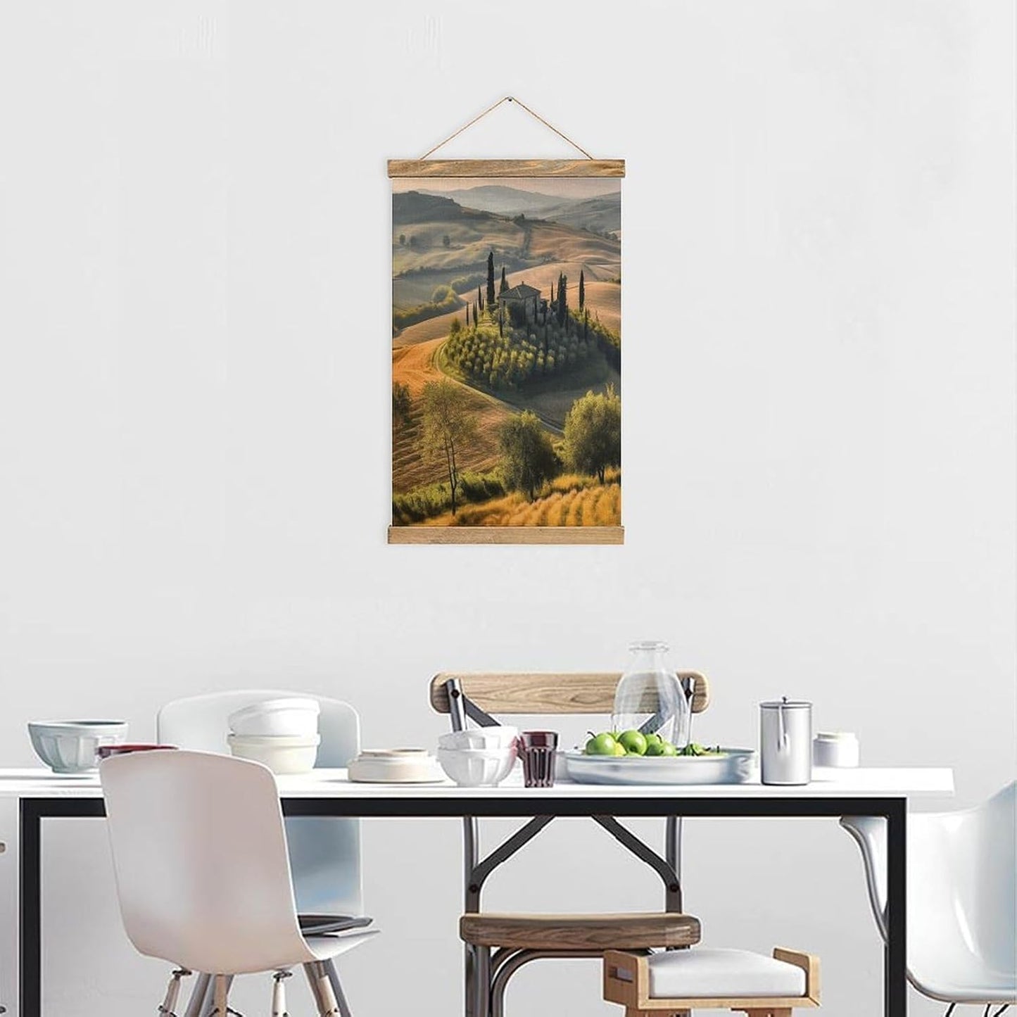 Vintage Tuscany Landscape Tree Scenery Farm Poster with Wooden Frame Personalized Linen Hanging Scroll Painting Rustic Wall Hanging Illustrative Modern Artwork Decor for Home Living Room Bedroom Offic
