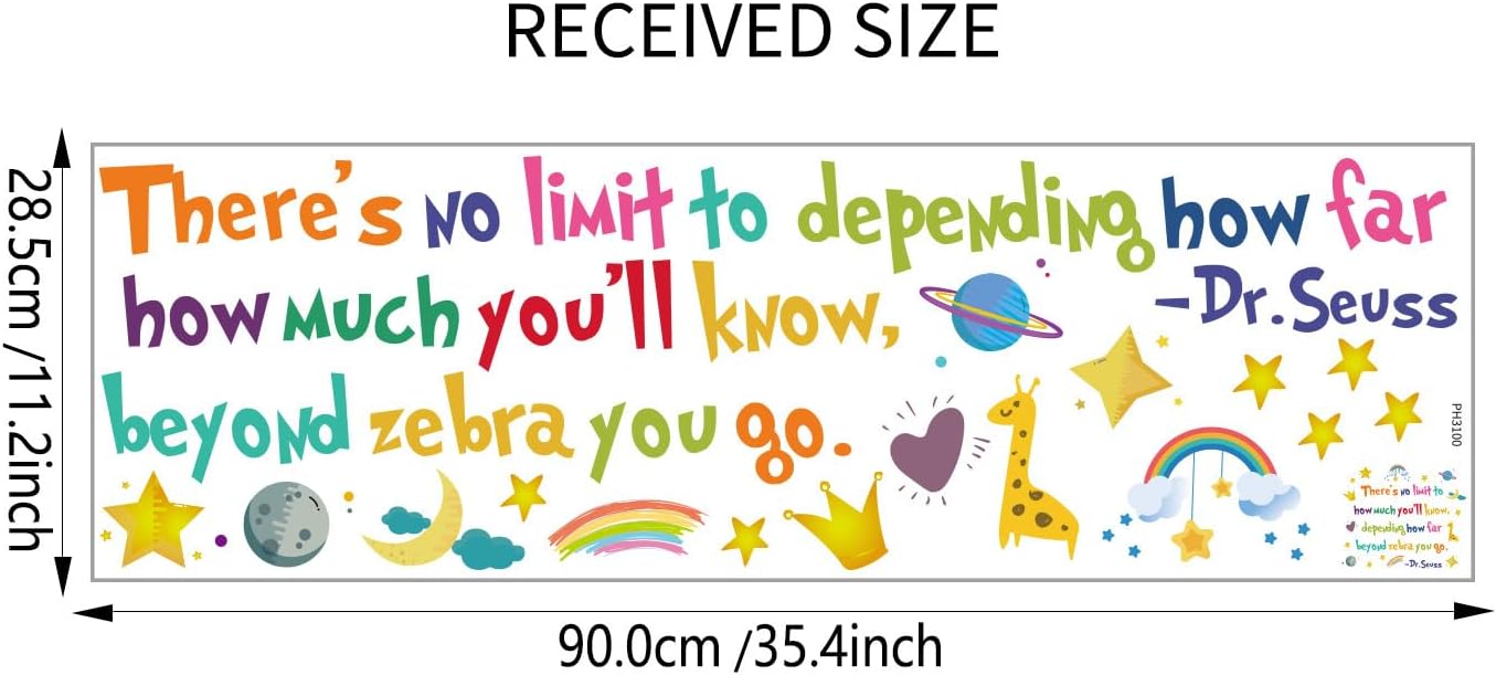 BooDecal 25.6 x 21.3 inches Colorful Dr Seuss No Limit Motivational Education Wall Lettering Stickers Murals Quotes and Sayings Home Art Décor for Door Entrance Living Room