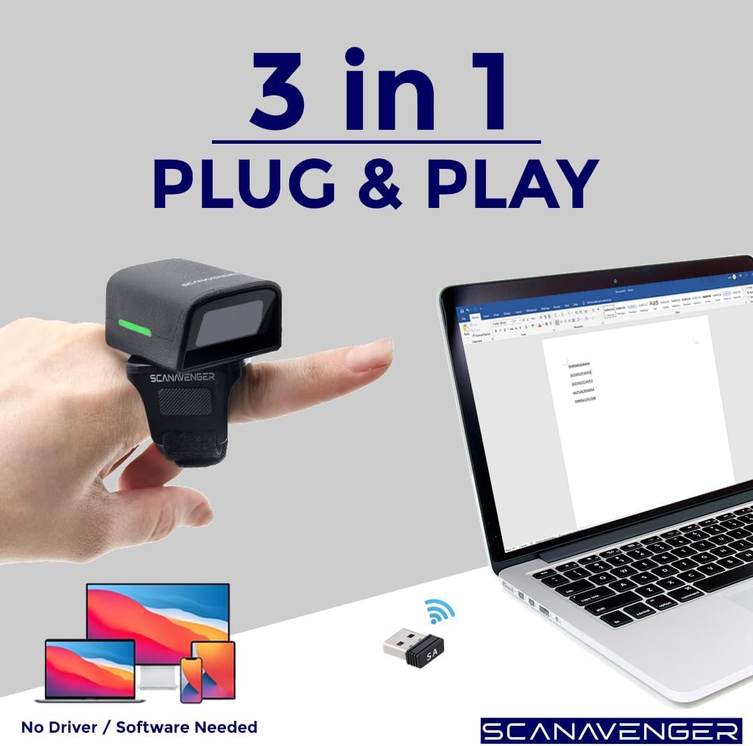 ScanAvenger 1D 2D QR Ring Barcode Scanner – Wearable Mini Bluetooth Wireless Finger Reader, USB & 2.4GHz, Compatible with iOS, Android, Windows, for Warehouse, Store & Inventory Use