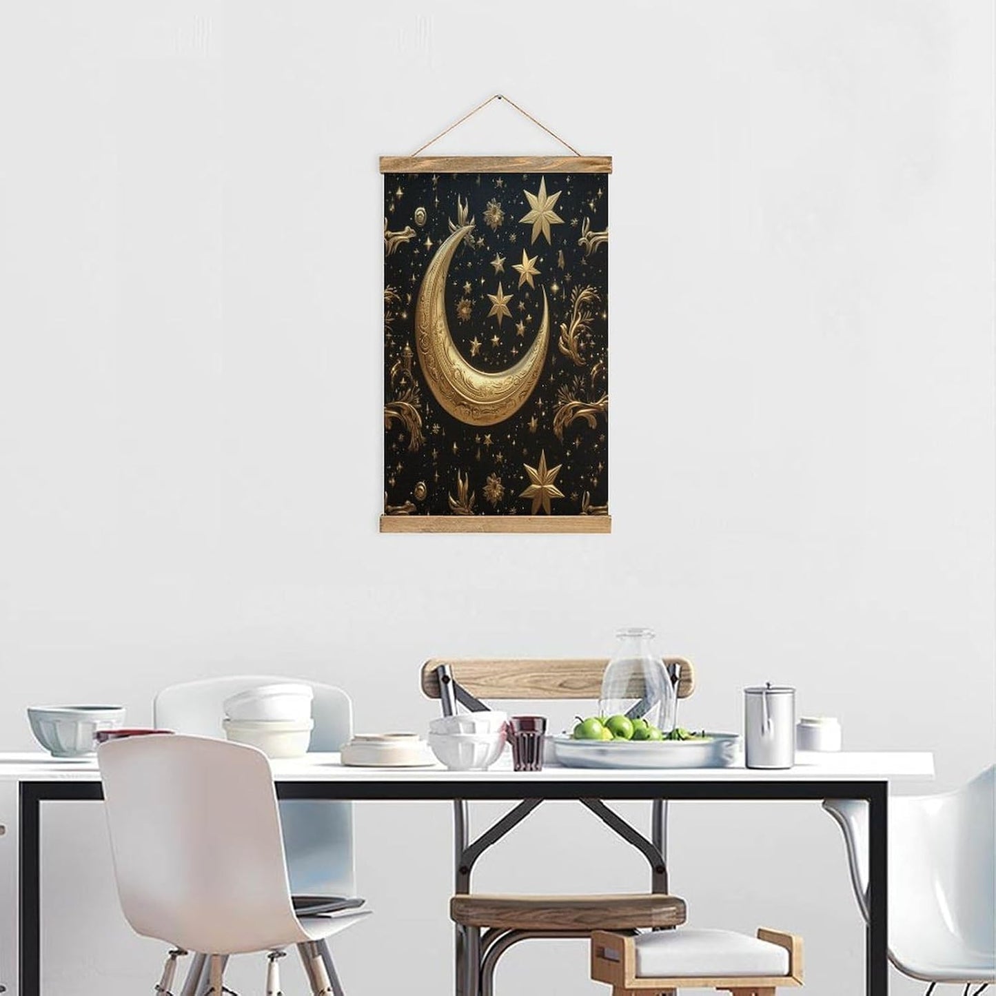 Vintage Golden Stars And Moon Poster with Wooden Frame Personalized Linen Hanging Scroll Painting Rustic Wall Hanging Illustrative Modern Artwork Decor for Home Living Room Bedroom Office