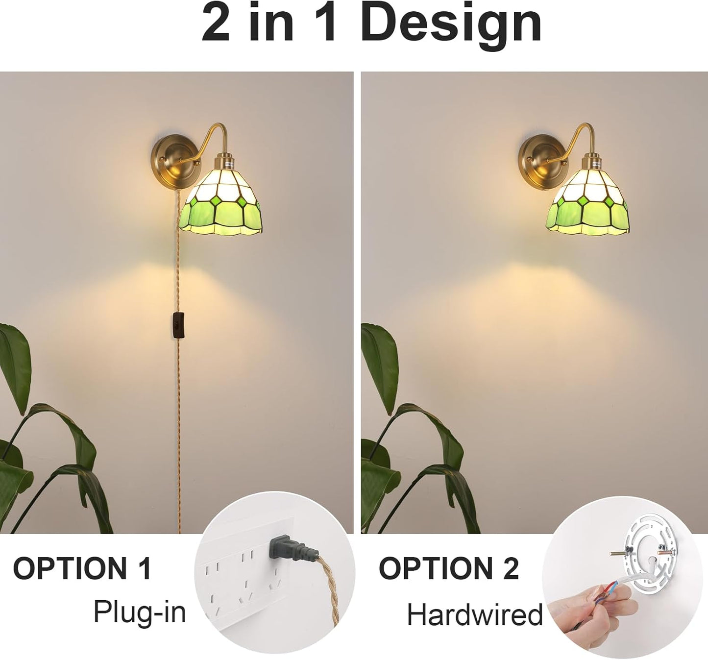 Vintage Wall Sconce, Wall Lamps with Green White Checker Sconce, Stained Glass Shade Brass Wall Lights Fixture with Plug in Cord and Switch for Bedroom Bathroom Living Room Hallway